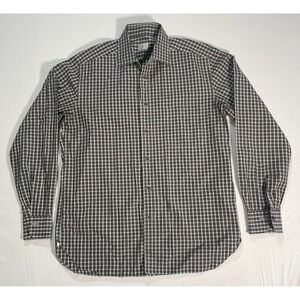 Ermenegildo Zegna Button Down Shirt Men L Brown White Check Long Sleeve